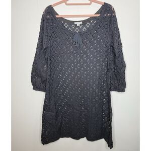 Garnet Hill Dress 8 Overlay Gray‎ Tie Neck Foliage Lace Modest Knee Length Sheer